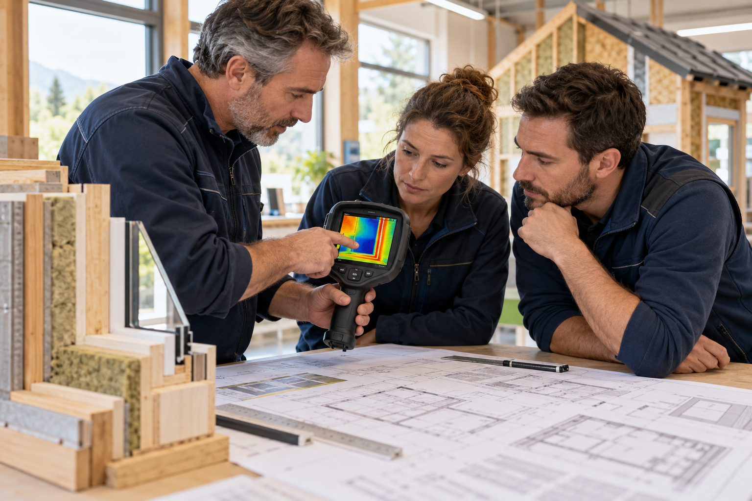 Illustration : un formateur et deux apprenants examinent une mesure thermique et des plans.