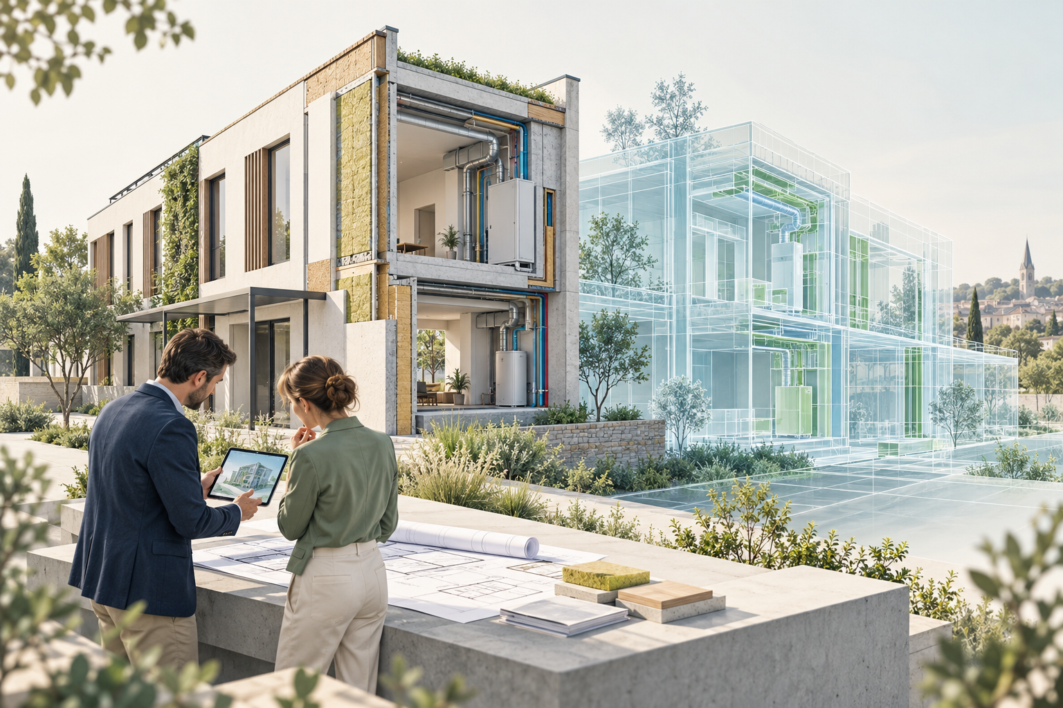 Illustration de la rénovation énergétique et du jumeau numérique d’un bâtiment.